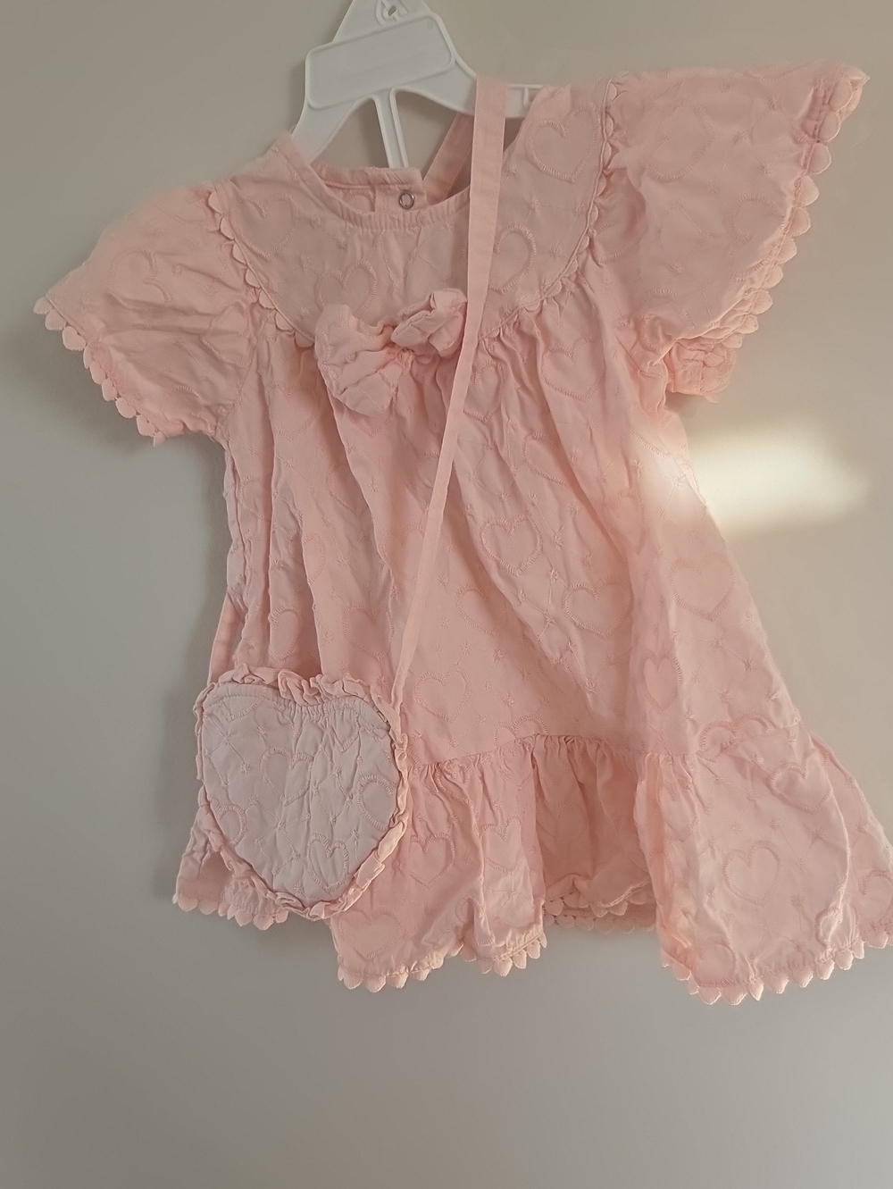 Pink Heart-Embroidered Girls' Dress with Matching Heart Purse